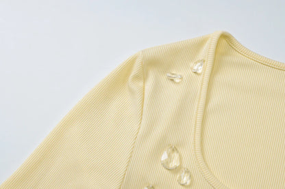 Knit Square Collar Long Sleeve Slim Water Droplets Diamond Top
