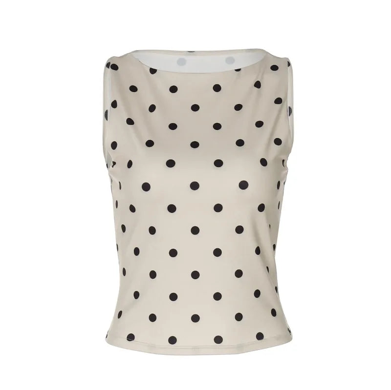 Khaki Polka Dot Crew Neck Sleeveless Top