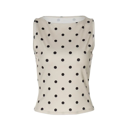 Khaki Polka Dot Crew Neck Sleeveless Top