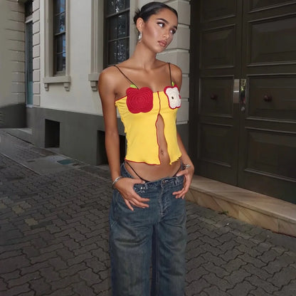 Yellow Fruit Embroidery Slit Top