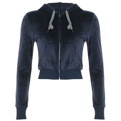 Velvet Zip-Up Hooded Jacket with Front Pockets Navy Blue