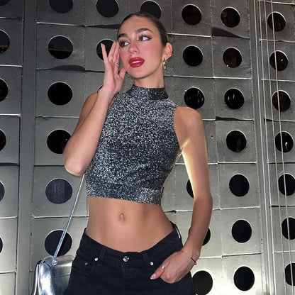 Gray Backless Glitter Sleeveless Crop Top