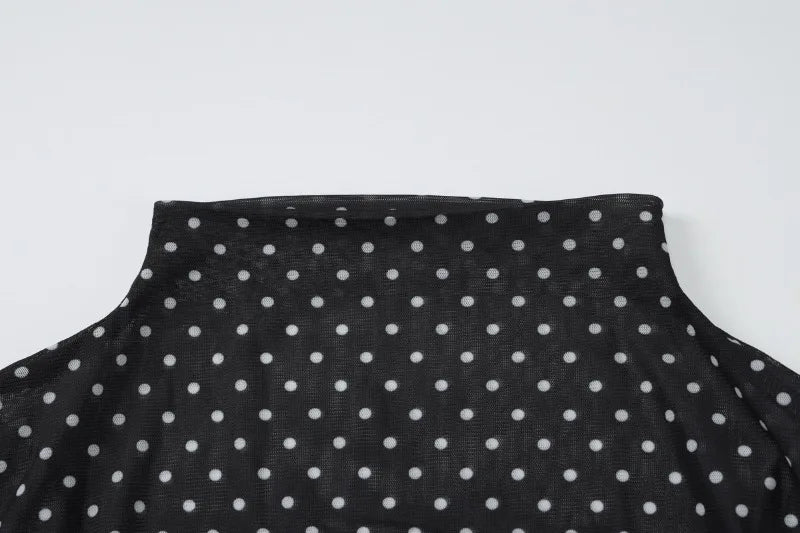 Black Polka Dot Mesh Sheer Top and Long Skirt Two Piece Set