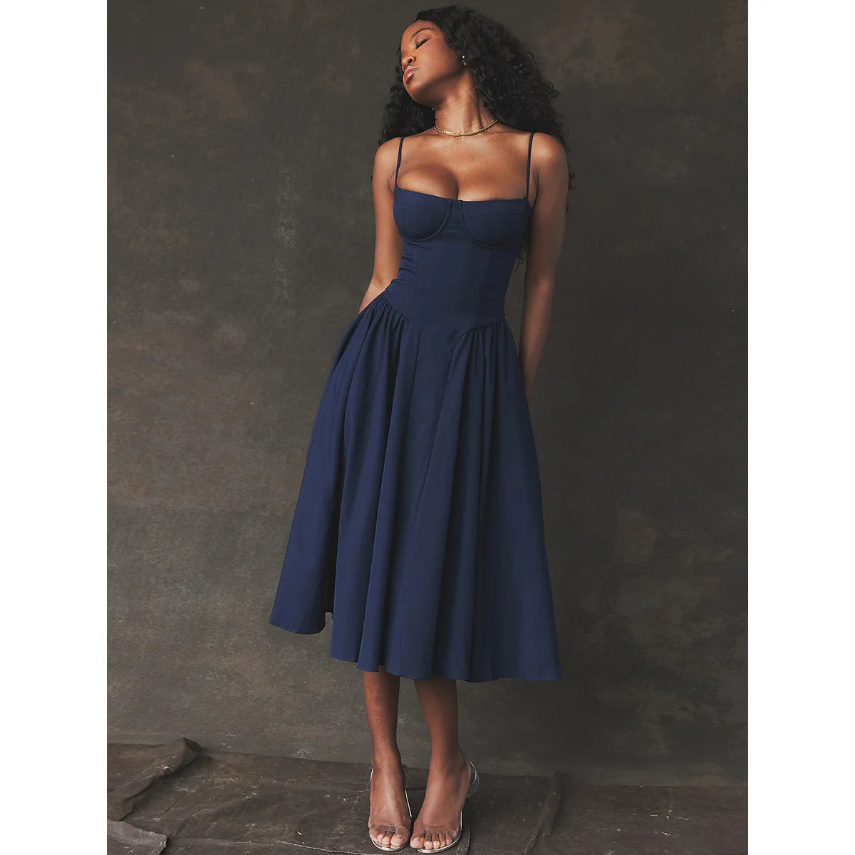 Dress for Pink Spaghetti Strap Midi Dress with Pocket Long Dress
