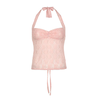 Lace Halter Camis Backless Lace-up Top Pink