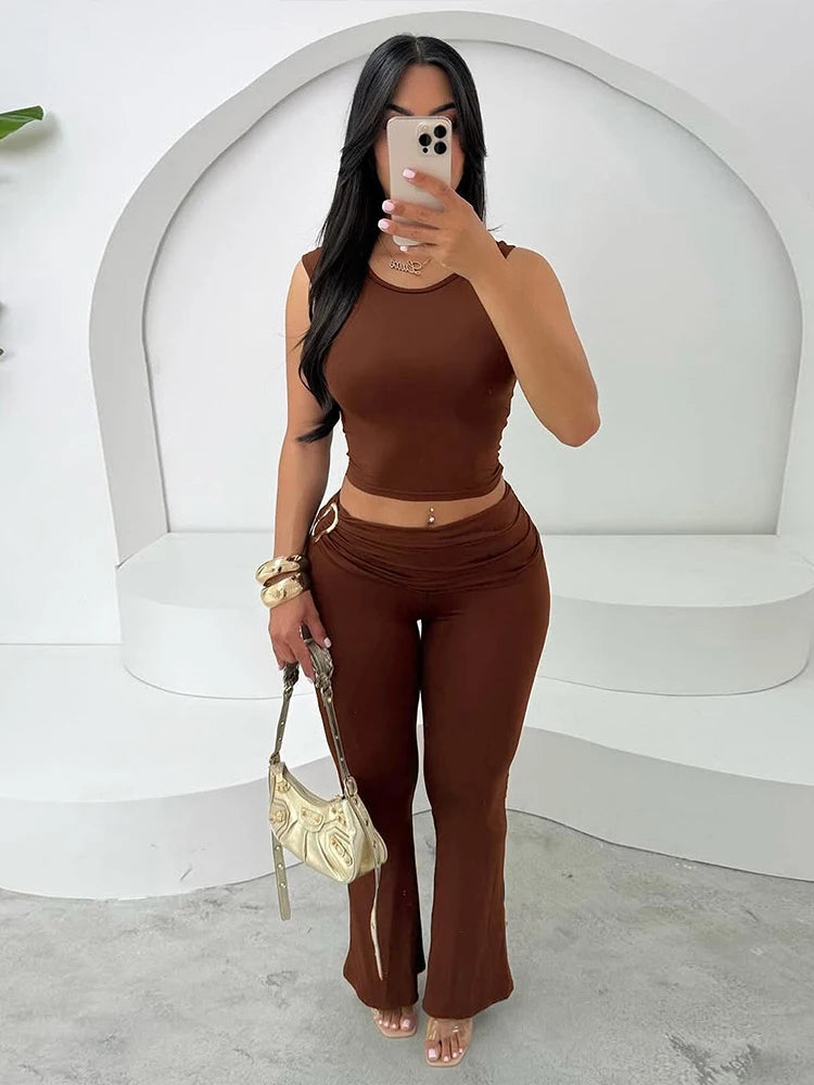 kliu Matching 2 Piece Set Classic Metal Splice O-neck Vests High Waist Elastic Pants
