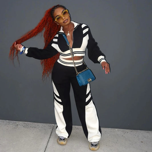 Clahing Splicing Lapel Zipper Set Long Sleeve Short Top Pant Sporty