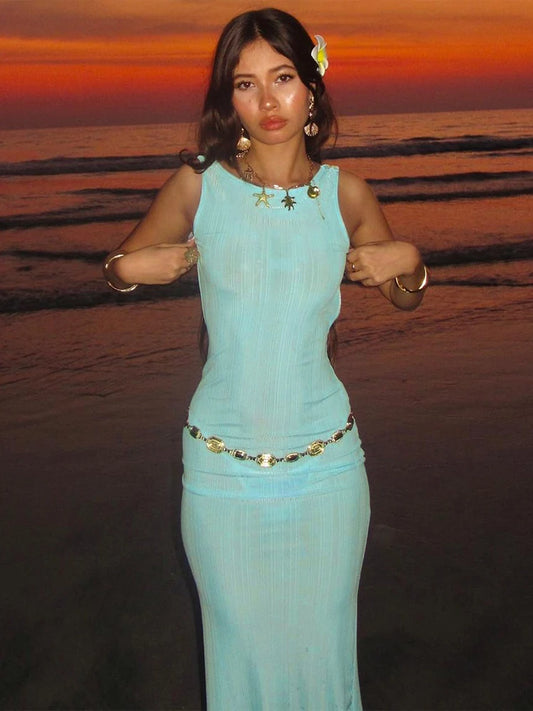 Silky Dress Claic Sleevele O-neck Maxi Bodycon Thin See Through Vacation Long