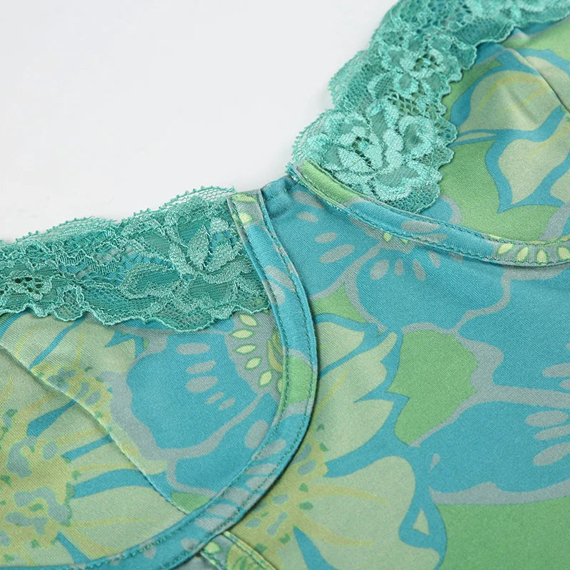 Floral Print Bustier Fairycore Top with Lace Patchwork