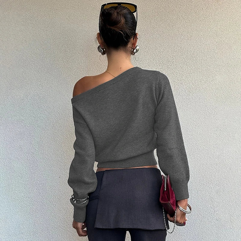 Inclined Shoulder Long Sleeve Slim Sweater