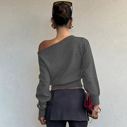 Inclined Shoulder Long Sleeve Slim Sweater