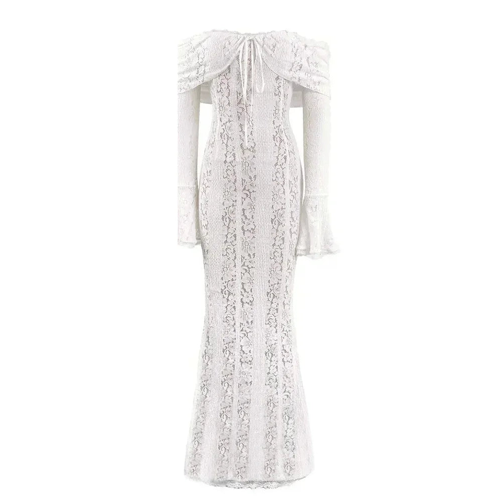 White Off The Shoulder Bodycon Dress in Flare Sleeve Lace Maxi Dress Wedding Guest Dress for
