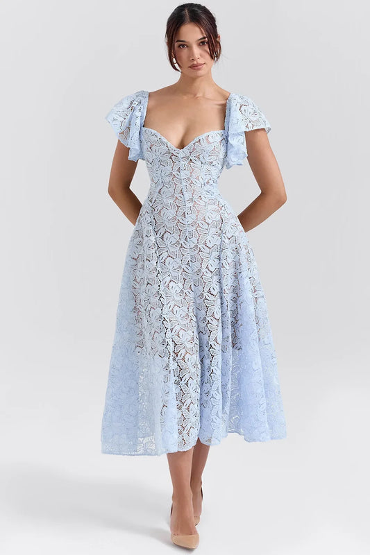 Blue Lace Flare Sleeve Dress