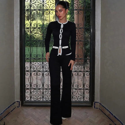 Black Knit Long Sleeve Cardigan and Flare Pants Two Piece Set