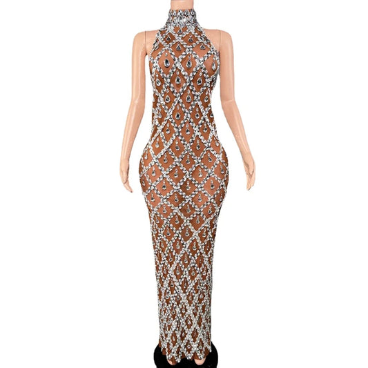 Sparkly Rhinestones Sleeveless Long Dress Dark Mesh Celebrate Wedding Prom Gown Birthday Dress Photograph Wear