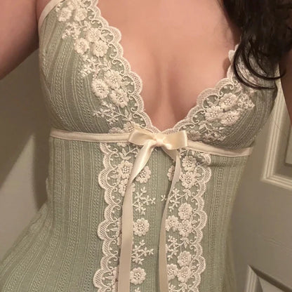 Ribbon Bow Lace V-Neck Top