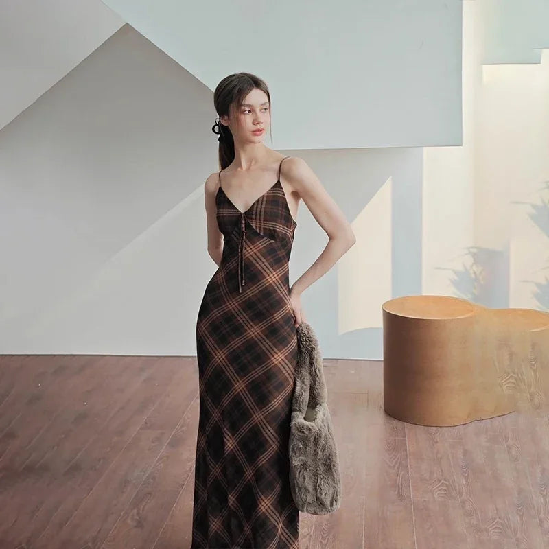 Brown Striped Plaid Slim Maxi Dress