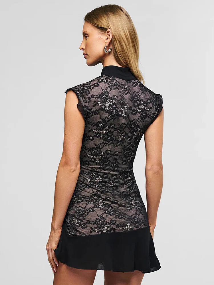 Hollow Out Lace Ruffle Dress Black Sleeveless St Collar Dress