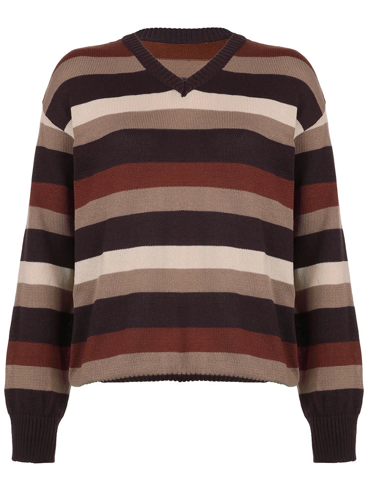 Retro V-neck Striped Sweaters Loose Pullovers Top