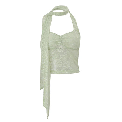 Green Halter Lace See Through Mesh Backless Top