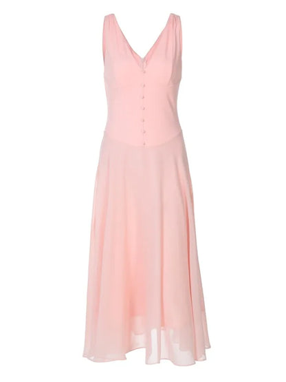 Pink V-Neck Sleeveless Chiffon Patchwork Midi Dress