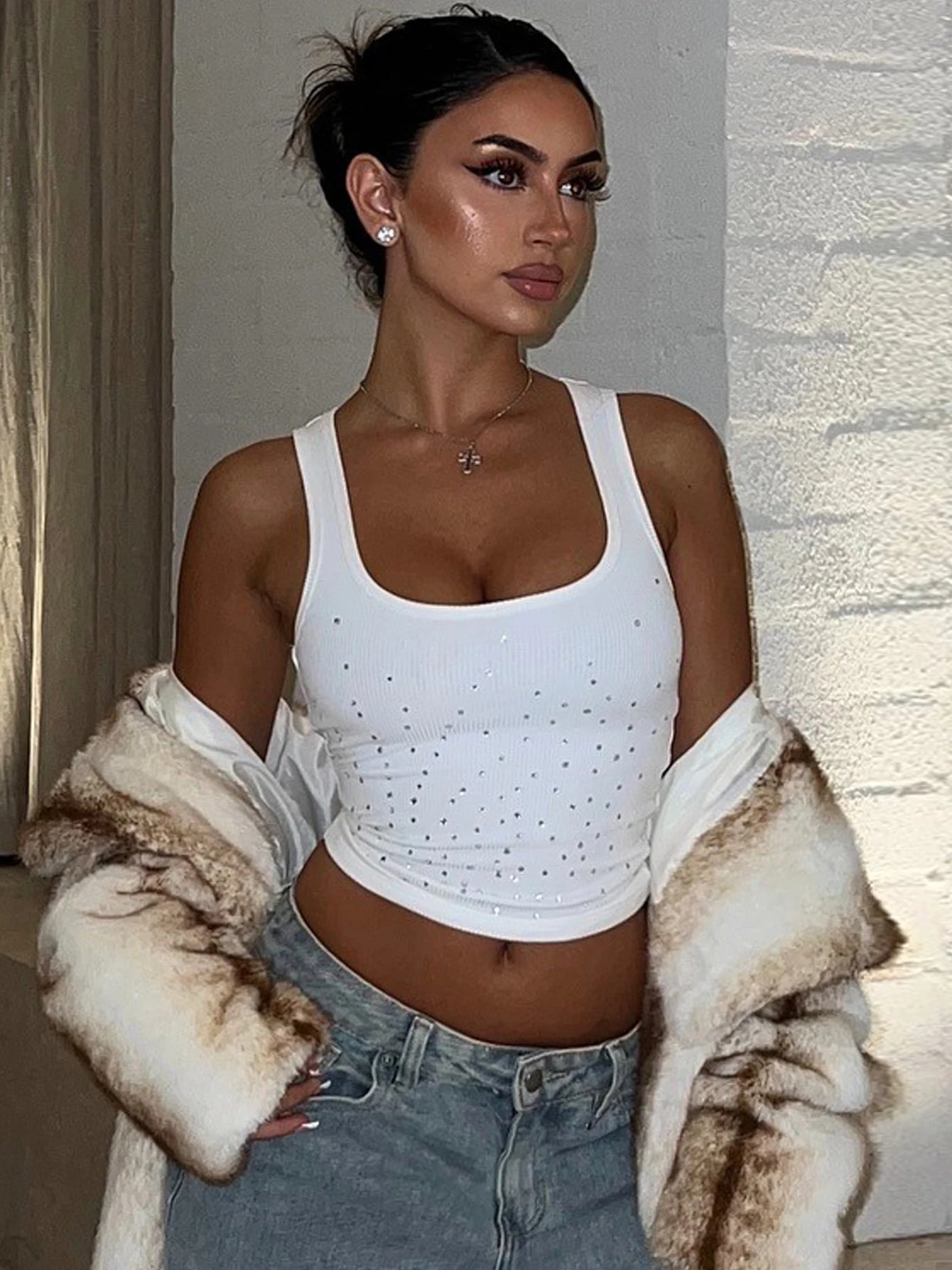 White Square Collar Sleeveless Bodycon Sparkly Crystal Rhinestone Top