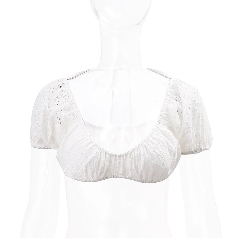 Low-cut Puff Short Sleeve Crop Top Flower Hollow Out T Shirt Backless White Camis