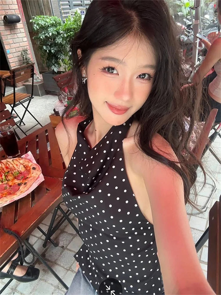 Polka Dot Backless Halter Tank Top