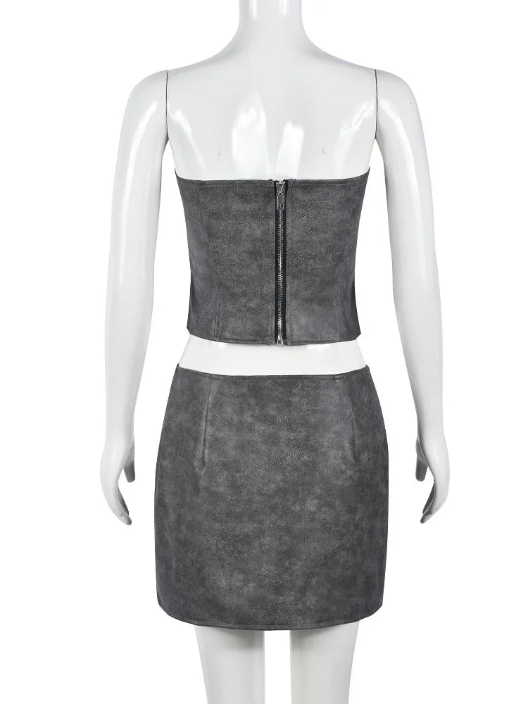 Leather 2Piece Set Straple Top Irregular Button Skirt Matching Suit