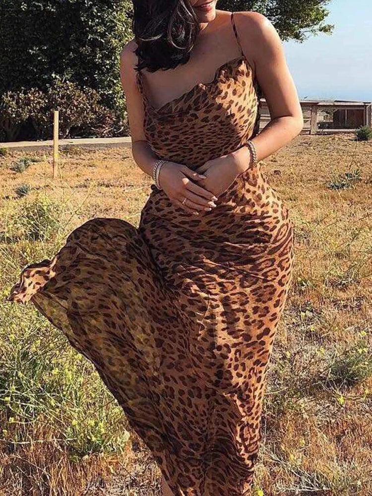 Leopard V Neck Backless Maxi Dress