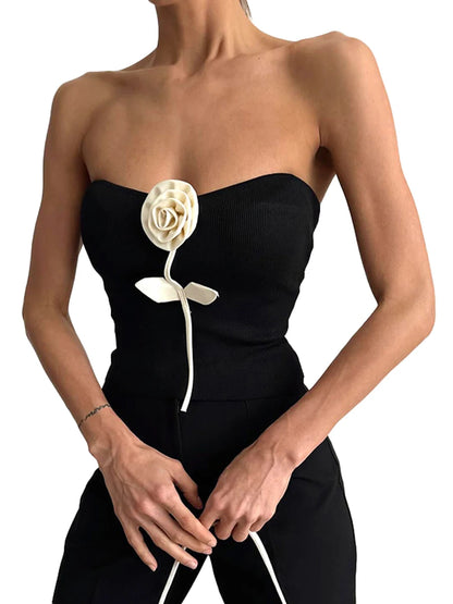 Flower Tube Top - Slim Solid Sleeveless Cropped Top BLACK