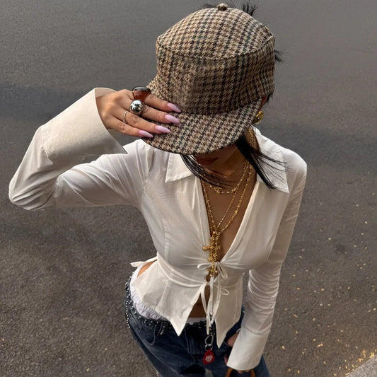 White V-Neck Long Sleeve Slim Top