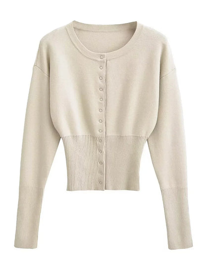 Slim Fit Knit Cardigan Top with Ribbed Patchwork Beige