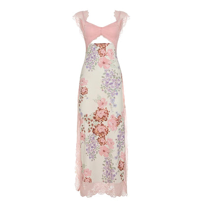 Floral Lace Hollow Out Slits Dress MULTI