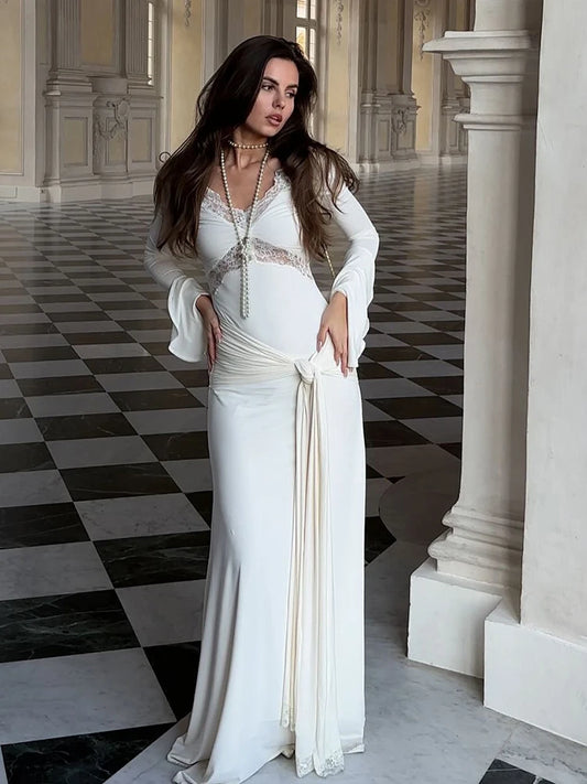 White V-Neck Lace Flare Sleeves Maxi Dress