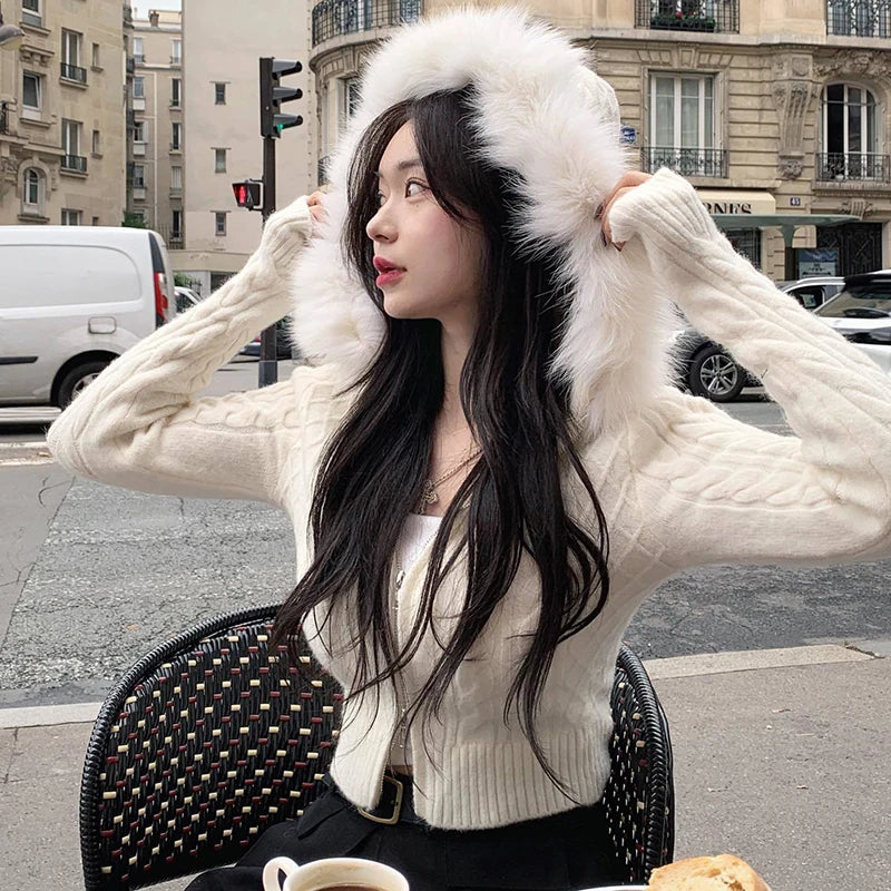 Zip Up Hoodie Coat with Fur Neck