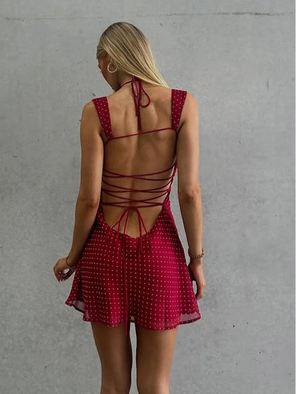 Red Polka Dot Chiffon Backless Mini Dress