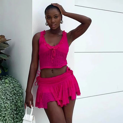 Hot Pink Lace Top & Mini Skirt Set