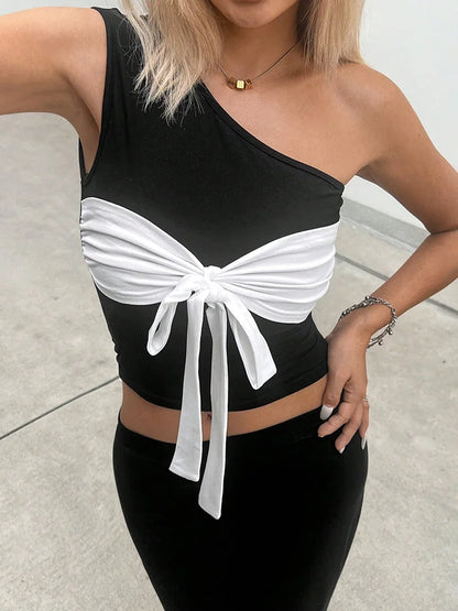 One-Shoulder Bow Contrast Color Tank Top