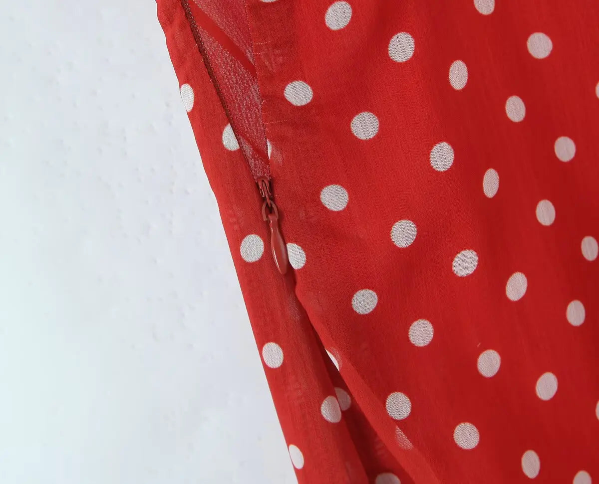 Red Polka Dot Ruffle A-Line Midi Dress