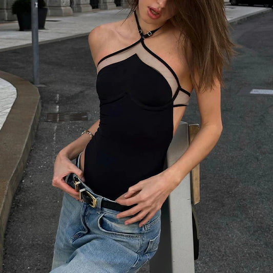 Black Backless Sleeveless Slim Halter Top