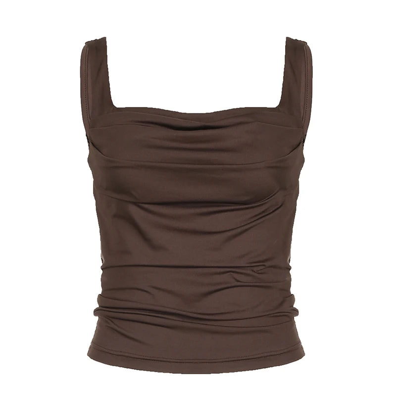 's Tank Top All-matck Sleeveless Crop Square Collar Slim Folds Tee