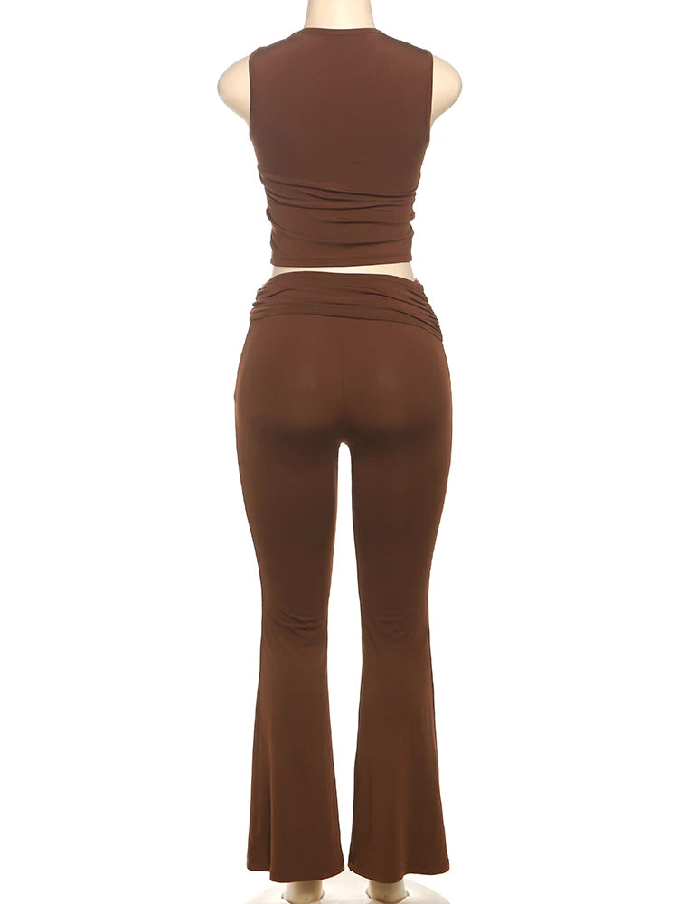 kliu Matching 2 Piece Set Classic Metal Splice O-neck Vests High Waist Elastic Pants