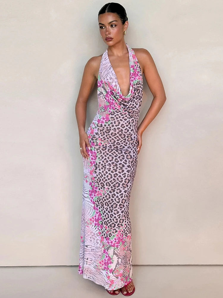 Leopard Dress Backless Lace-Up Halter Patchwork Swing Collar Sleeveless