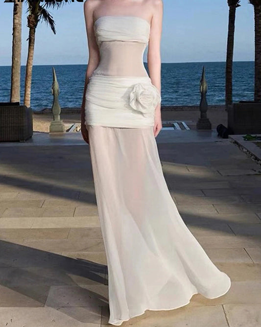 Patchwork Mesh Dress Slash Neck Sleeveless Maxi