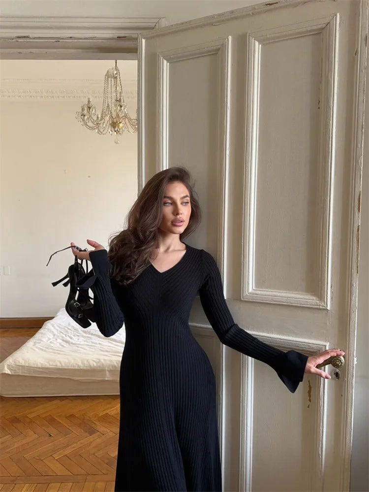 V-Neck Ribbed Knit Dress Patchwork Ruffled Slim High Waist Long Sleeve Bodycon Dress Knit Vintage Maxi Dress
