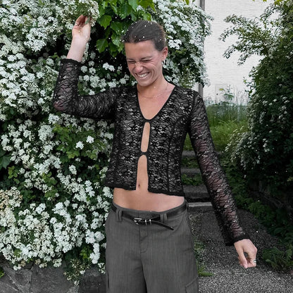 Lace Hollow Out See Through Long Sleeve Top