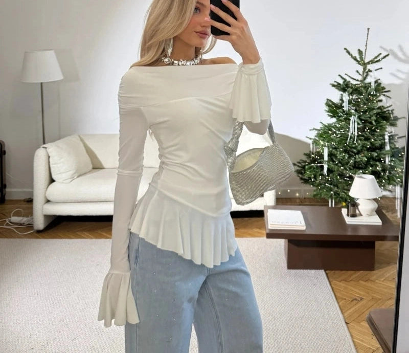 Ruffled Solid Flare Sleeve Off Shoulder Pullover T-shirt Top