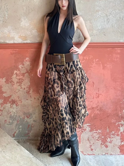 Leopard High Waist Ruched Long Skirt