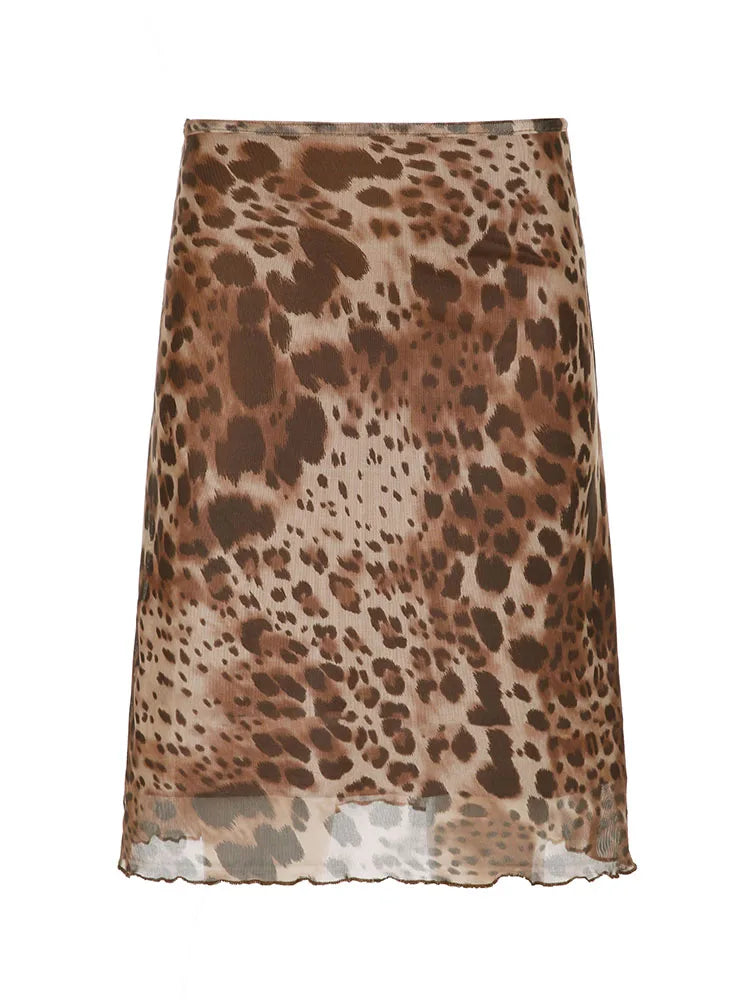Leopard Skirt Two-layer Straight Bottom Elatic Wait Skirt